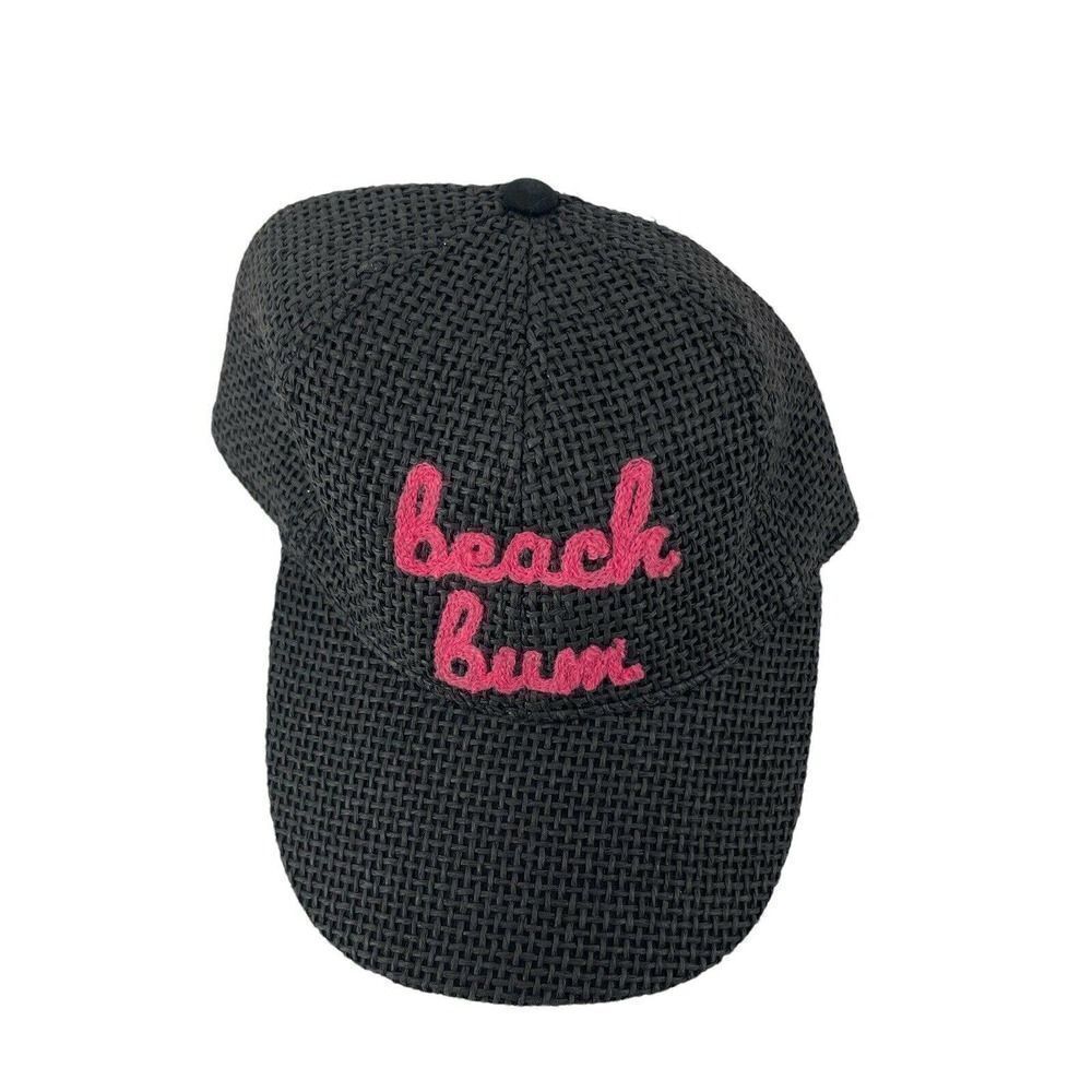 Beach Bum Hat Black Woven Baseball Cap Pink Embroidery Womens OS Strap Back NEW